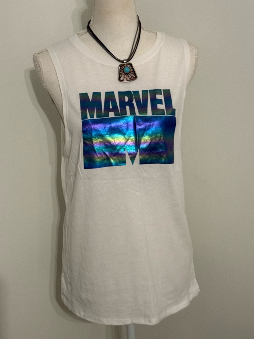 Marvel White Tank with Iridescent Blue-Green Logo
